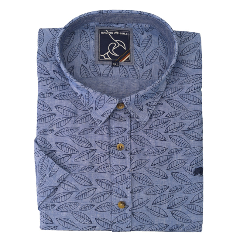 Raging Bull S/S Leaf Print Linen Shirt - S16CS13 - Navy 2