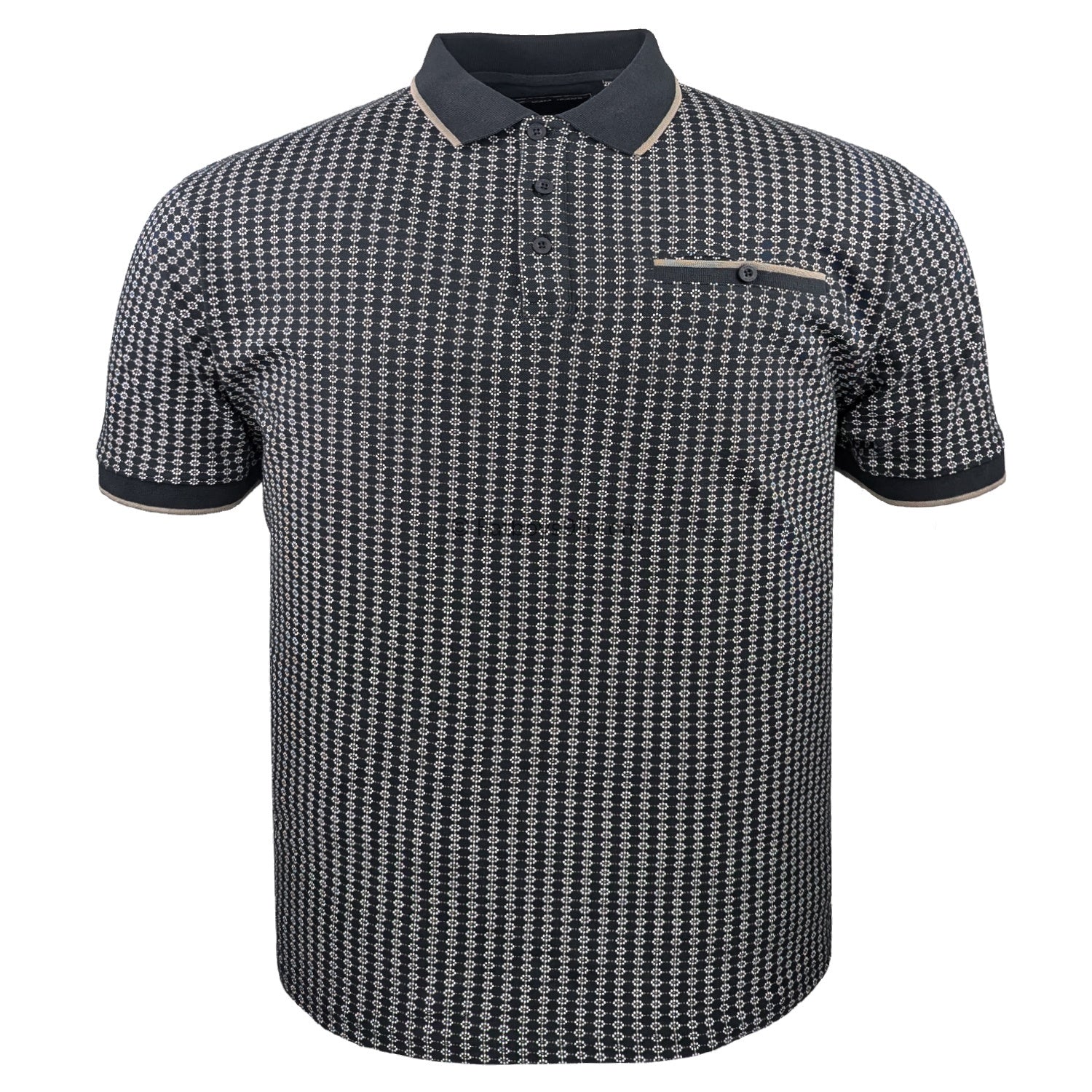 Kam Geo Print Stretch Polo - KBS 5541 - Black 1