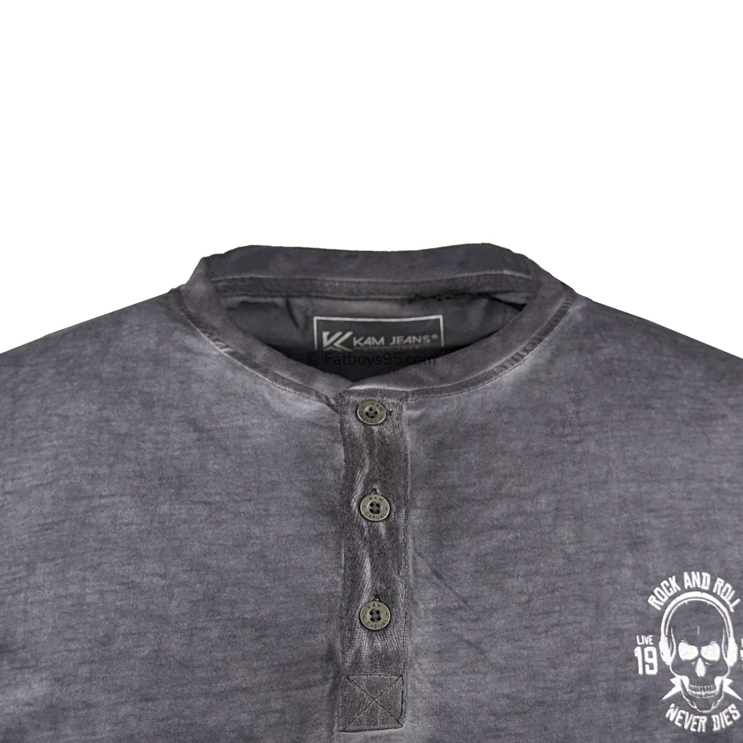 Kam Acid Wash Skull Print Grandad Tee - KBS 5741 - Charcoal 2