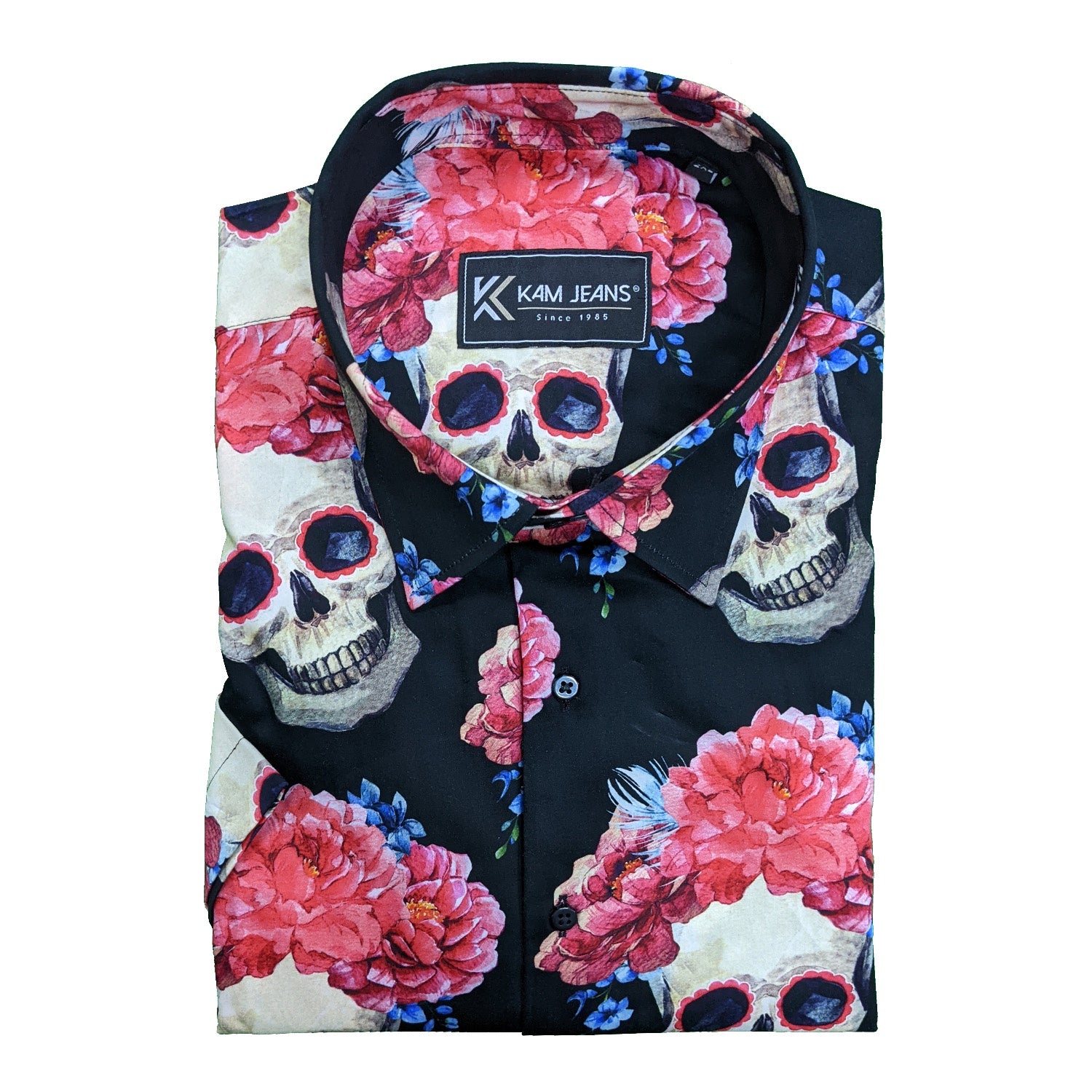 Kam S/S Rose Skull Print Shirt - KBS P014 - Black 1